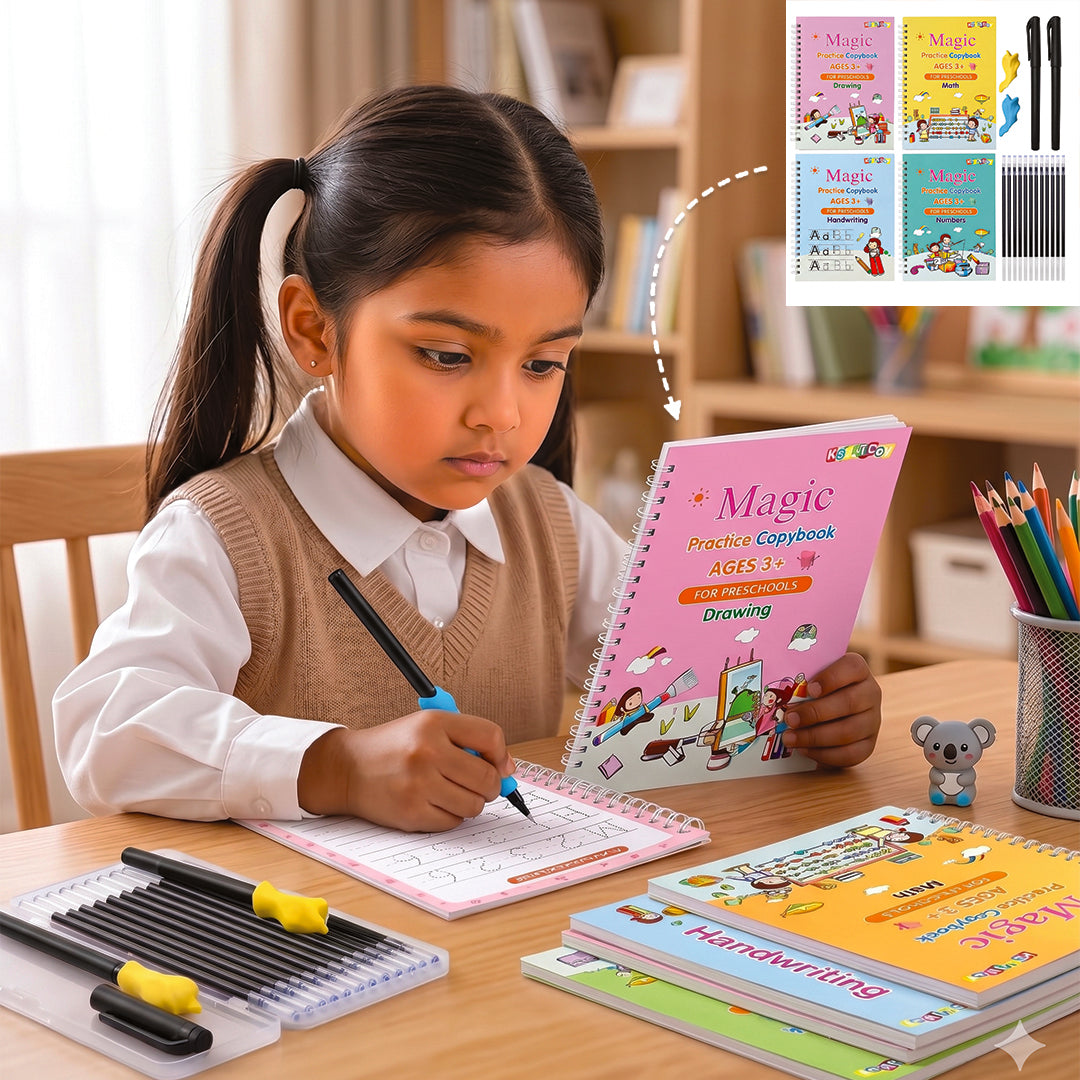Child sitting at a desk with educational materials including books and pens.